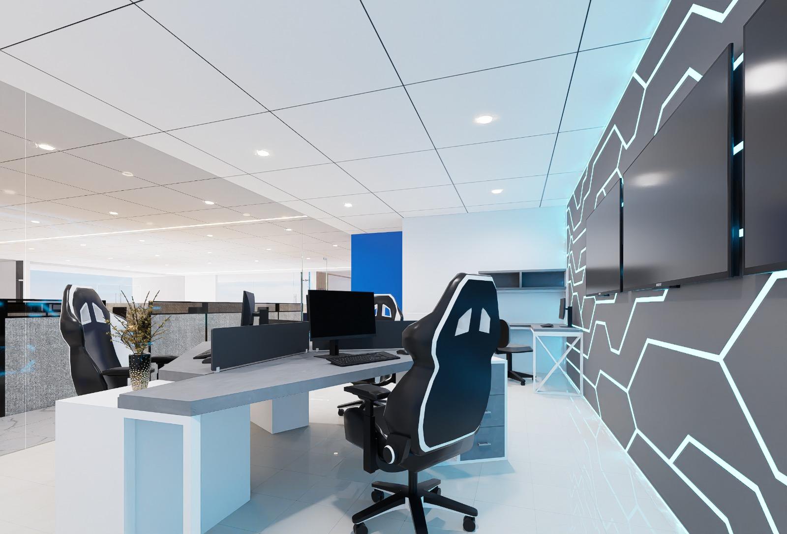 Render 3D ruang IT dengan dinding panel bercahaya